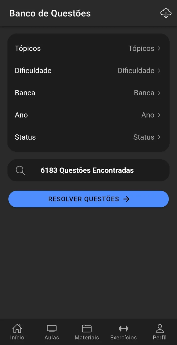 Banco de questões do app com filtros e 6183 questões encontradas