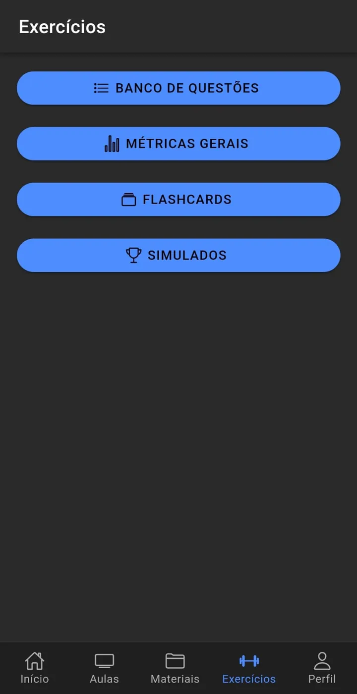 Tela de exercícios do app com banco de questões, métricas, flashcards e simulados