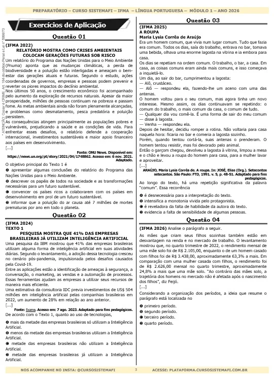 Página de exercícios de aplicação do caderno, com questões de provas anteriores do IFMA