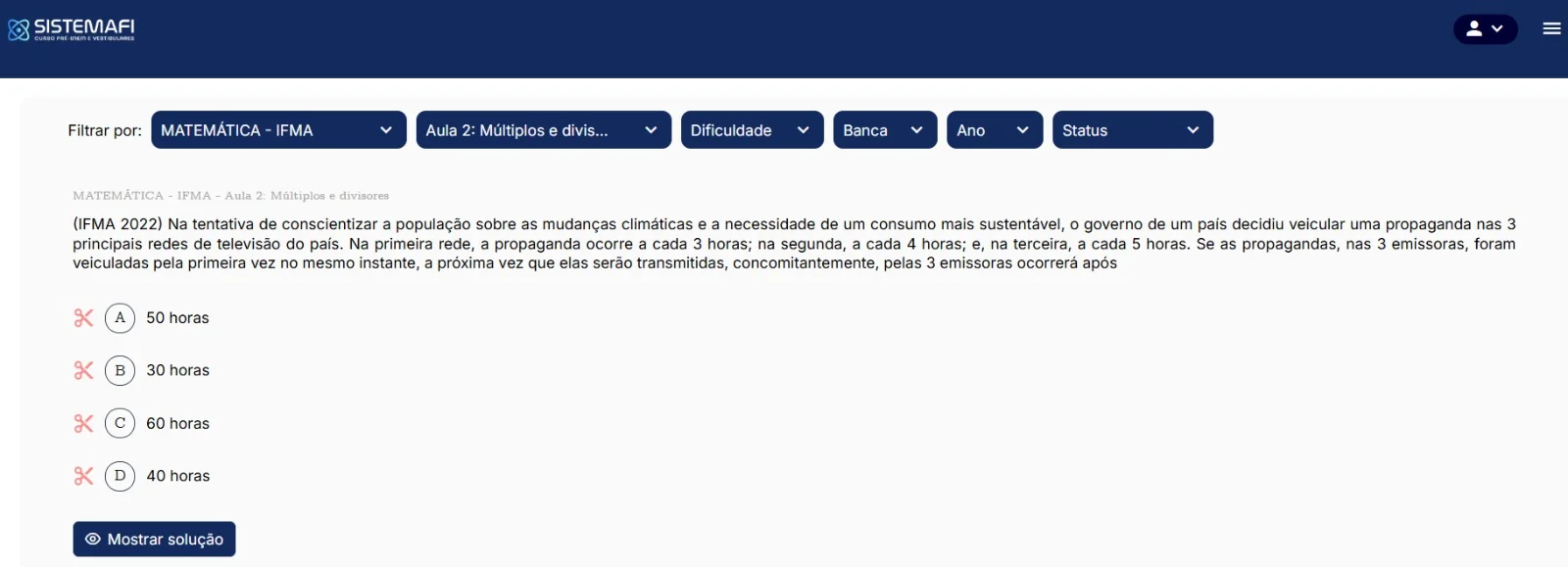 Tela do banco de questões da Plataforma Sistemafi filtrado por Matemática IFMA